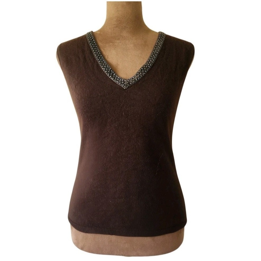 Jones New York Wool Angora Sweater Vest Beaded V Neck Size M Brown Y2K Knit